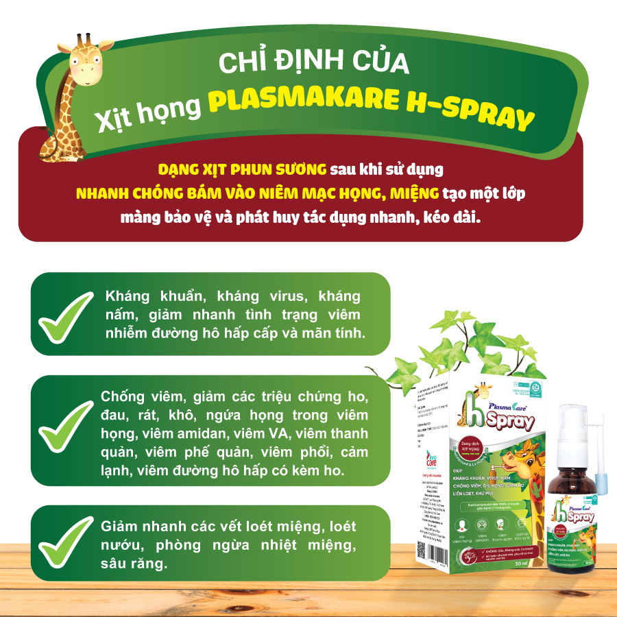 Dung dịch xịt họng PlasmaKare H - Spray 30ml, cho trẻ từ 06 tháng, an toàn cho phụ nữ có thai không kháng sinh