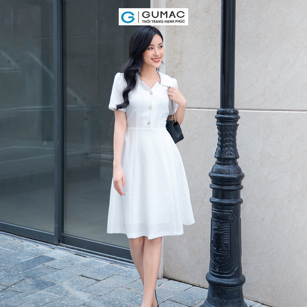 Đầm A cổ cách điệu vải bố giữ phom đi tiệc đi chơi thanh lịch sang trọng GUMAC DD09042