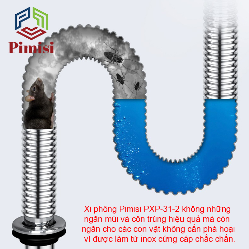 Xi Phông Chậu Rửa Bát 2 Hố Pimisi PXP-31-2 Inox Cao Cấp Kiểu Chun Uốn - Kim Loại Bẻ Cong Được, Thoát Nước Nhanh, Dùng Để Xả Thải Nước Bồn Rửa Chén 2 Hộc Thu 110 Inox 304, Chống Mùi Hôi Và Côn Trùng Gián, Chuột Cắn Phá - Có Đầu Thoát Tràn | Hàng Chính Hãng