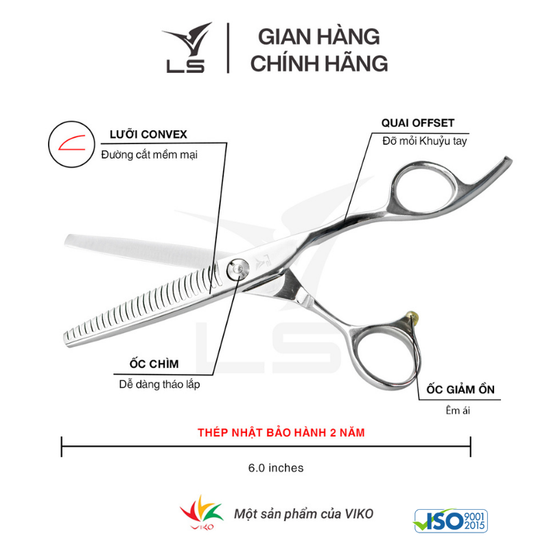 Kéo tỉa tóc LS T3226L tỷ lệ rơi tóc 15-20% quai offset vênh đỡ ngón cố định -tặng bao da và bộ vệ sinh kéo