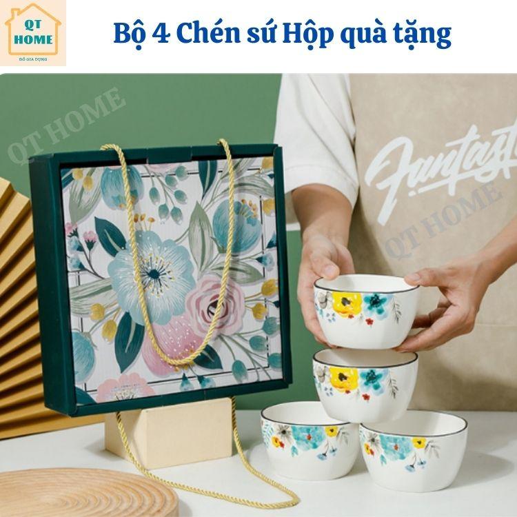 Bộ 4 Chén Sứ, Bát Sứ Hộp Quà Tặng, Họa Tiết Bông Hoa