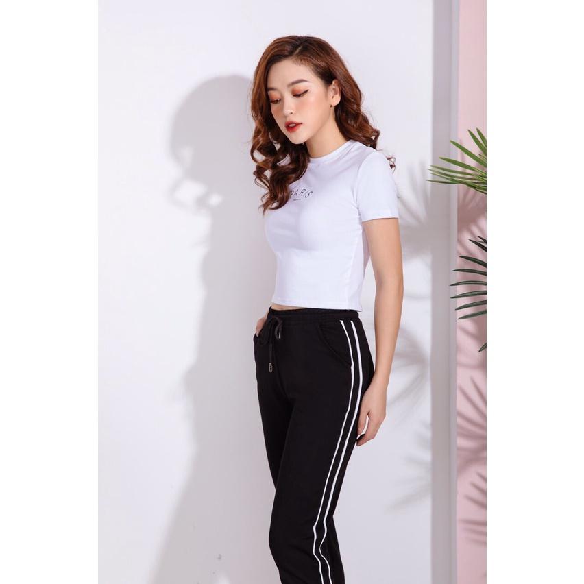 Quần jogger nữ 2 sọc nhí stars cao cấp, quần thể thao nữ dây rút màu đen chất Mỳ Hàn