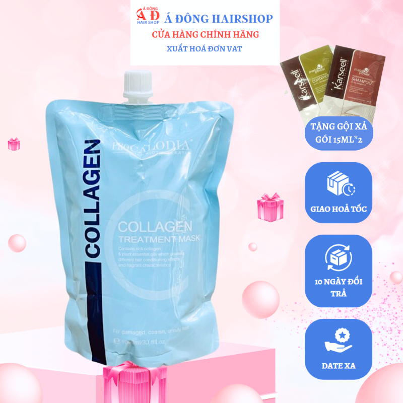 [+Tặng mũ trùm] Kem hấp ủ tóc Pro Calodia Collagen Treatment siêu mượt phục hồi tóc dạng túi 1000ml + Gội xả gói Karseell 15ml