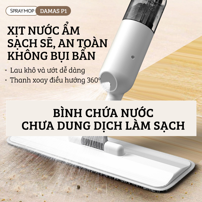 Cây Lau Nhà Phun Sương, Chổi Lau Nhà 360° Lau Sạch Khô Nhanh Cao Cấp Damas P1 Pro - Bản Lau To Giúp Lau Sạch Nhanh Chóng, Khớp Xoay 180 Độ Linh Hoạt - Thiết Kế Mới Tích Hợp Bình Chứa Dung Dịch Với Tốc Độ Phun Sương 0.1s - Hàng Chính Hãng