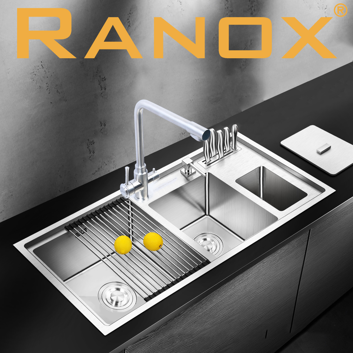 Chậu rửa chén cao cấp 3 hố RANOX + Vòi 3 đường nước RN4493