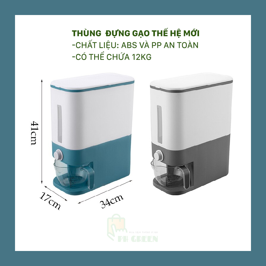 [ Freeship Max] Thùng Đựng Gạo Thông Minh Nhật Bản 12kg, Thiết Kế Dạng Ấn Nút, Chất Liệu Nhựa ABS Cao Cấp, Tặng Kèm Cốc Đựng Gạo