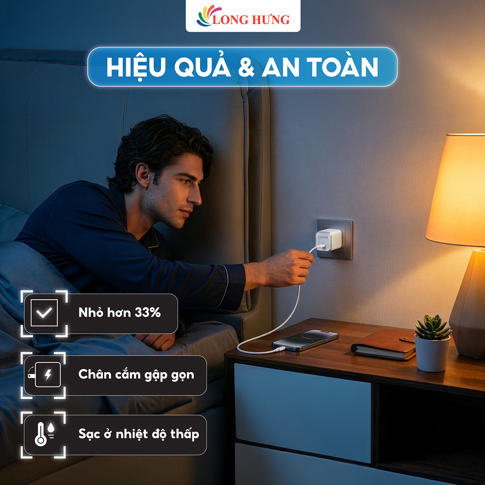 Combo cốc sạc Anker Nano 1C 45W + Cáp USB Type-C to Type-C B2692 - Hàng chính hãng