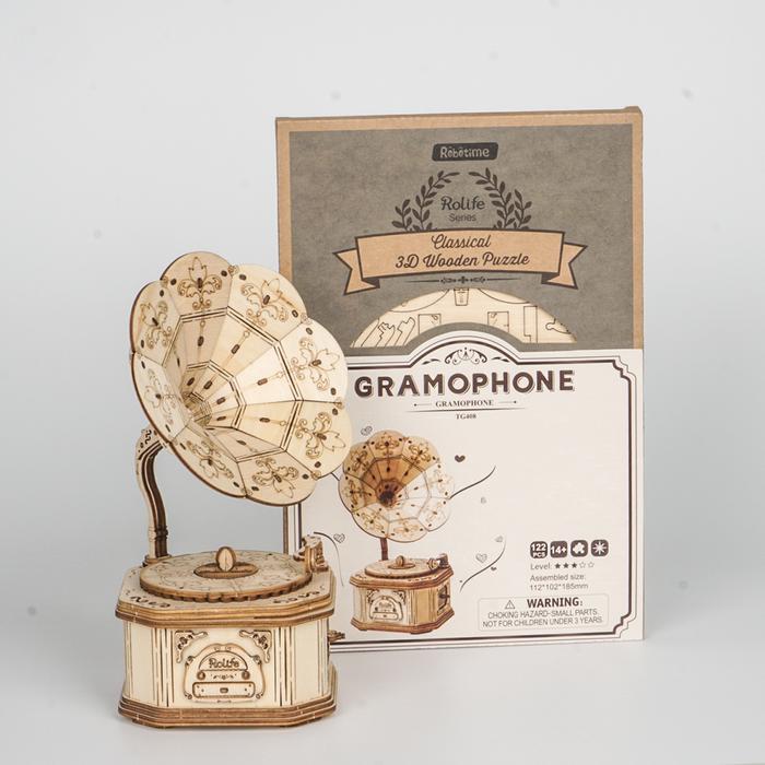 Mô hình gỗ 3D lắp ráp máy hát cổ điển Gramophone