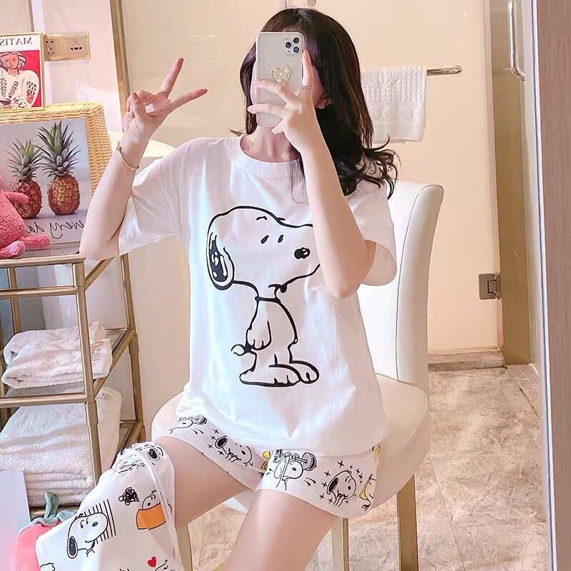 Bộ đồ ngủ mặc nhà thun hình Con Bò sữa, Snoopy, Gấu Pooh- Set đồ mặc nhà áo cộc màu trắng siêu yêu B049