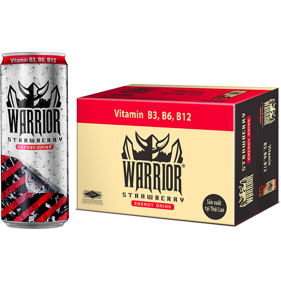 Thùng 24 Lon Nước Tăng Lực Có Gas Warrior Vị Dâu 325ml