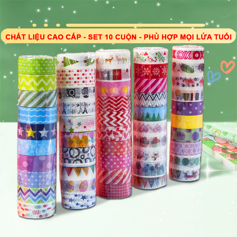 Set 10 cuộn băng keo trang trí đủ họa tiết hoạt hình nhiều màu sắc đáng yêu – H023