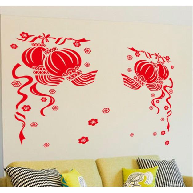 Decal trang trí tết - Lồng Đèn đôi đỏ dây leo size nhỏ