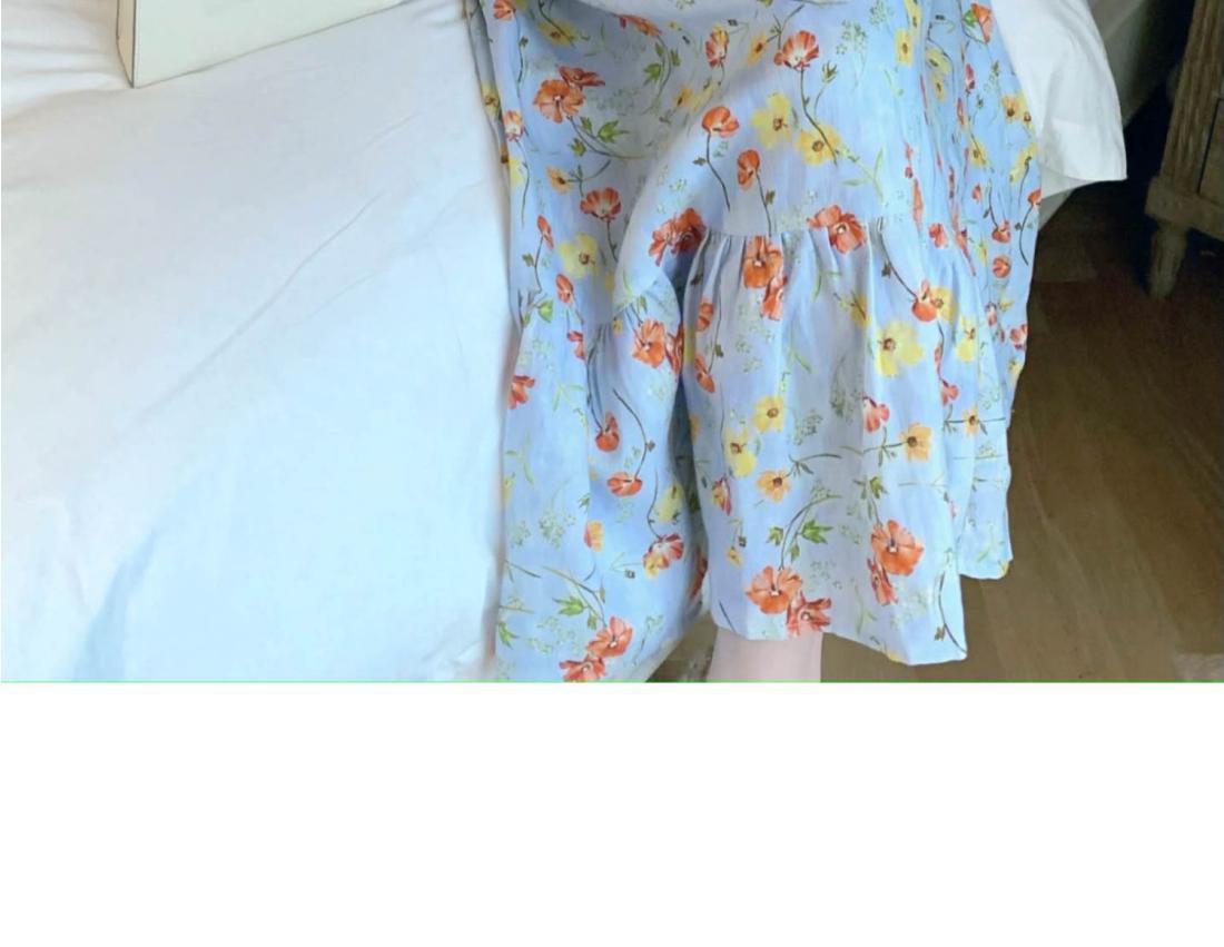 TOBE1SHOP Màu xanh vuông cổ bong bóng tay áo hoa đầm phụ nữ 2023 mùa hè cao cấp cảm giác cao cấp cổ điển đầm dài tinh tế
