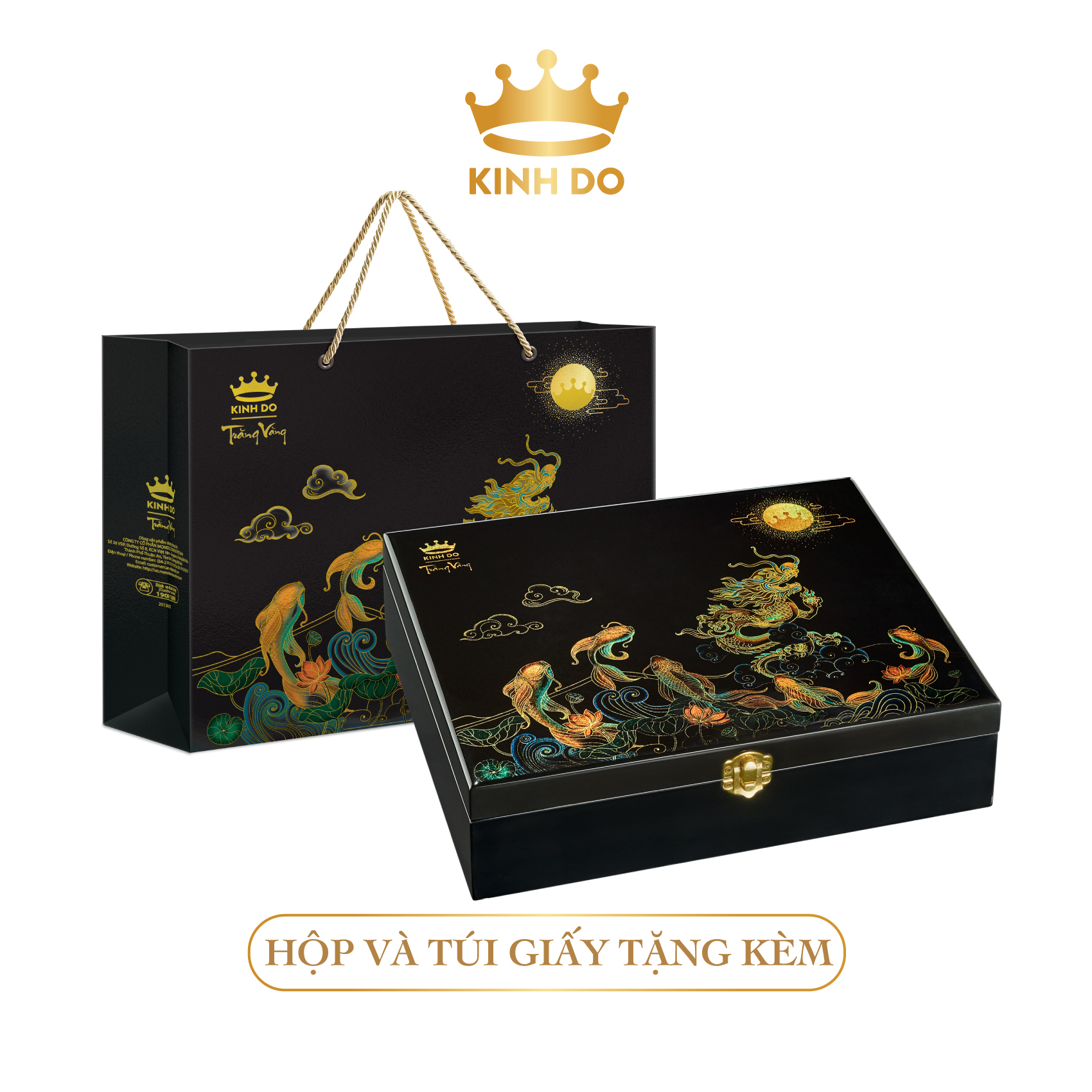 Hộp bánh trung thu Kinh Đô - Trăng Vàng Black &amp; Gold Yến Sào: 4 Bánh x 160gr và Trà + Tặng bộ lồng đèn, đầu lân, mặt nạ ông địa