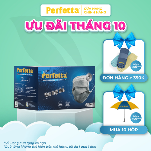 [1 HỘP - PERFETTA CARBON] - Khẩu Trang Carbon Hoạt Tính Chất Lượng Cao, Khử Mùi, Chống Bụi Mịn, Màu Xám Xanh, 4 Lớp, Bảo Vệ Tối Ưu, Đóng Gói Từng Cái - (40 cái/hộp)