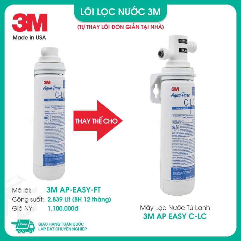 [MIỄN PHÍ LẮP ĐẶT] Máy Lọc Nước Mỹ 3M AP EASY C-LC Dành Cho Tủ Lạnh (70020345958), Công suất lọc 2.839L, 3M Carbon Block Filtration, Có bán lõi thay thế (3M C-LC) - Hàng Chính Hãng 3M