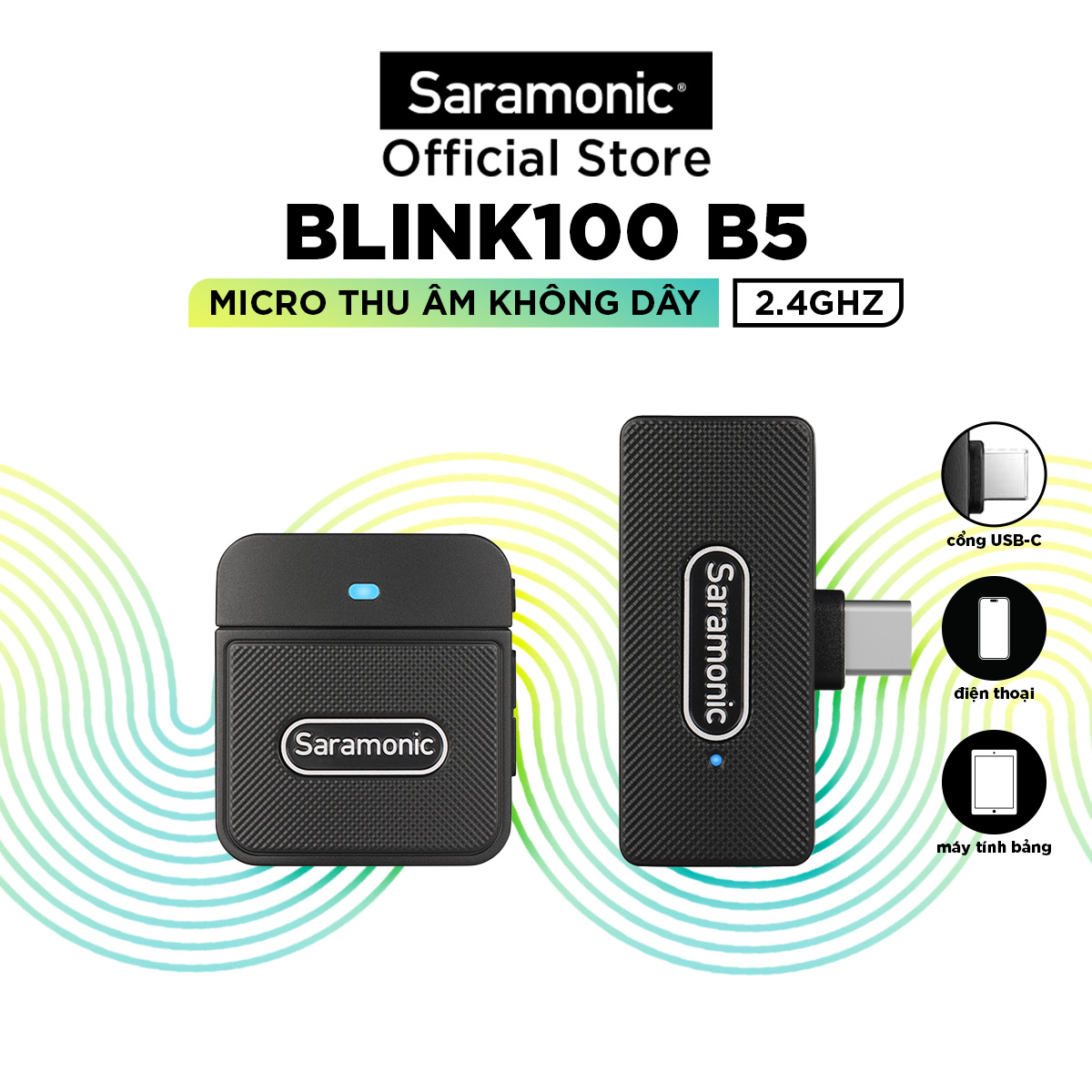 Micro Thu Âm Không Dây Saramonic Blink100 - Dành Cho Máy Ảnh, DSLR Điện Thoại, Laptop - Khử ồn Thông Minh - Hàng Chính Hãng