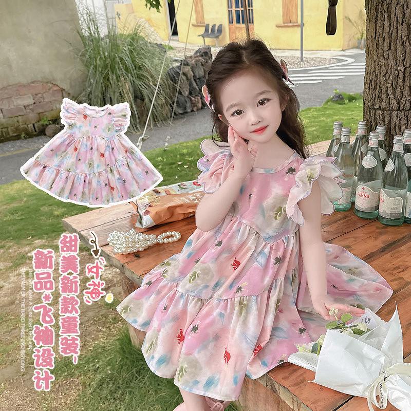 CHENGRUI Cô gái ăn mặc mùa hè 2023 lưới cô gái màu đỏ váy mùa hè thời trang trẻ em mùa hè váy công chúa
