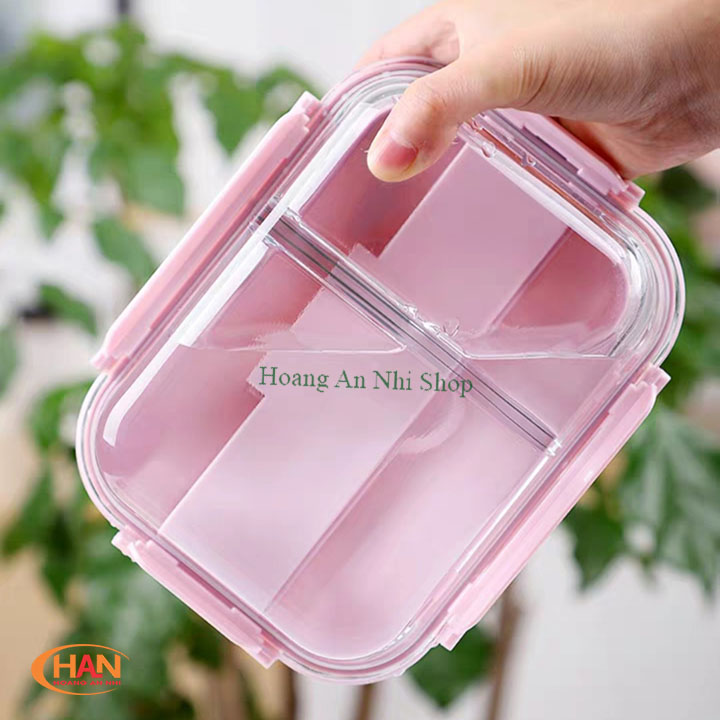 Hộp Thủy Tinh 3 Ngăn - Nắp Chống Tràn - Hộp Cơm Văn Phòng Đựng Thức Ăn Cao Cấp Quay Được Lò Vi Sóng.