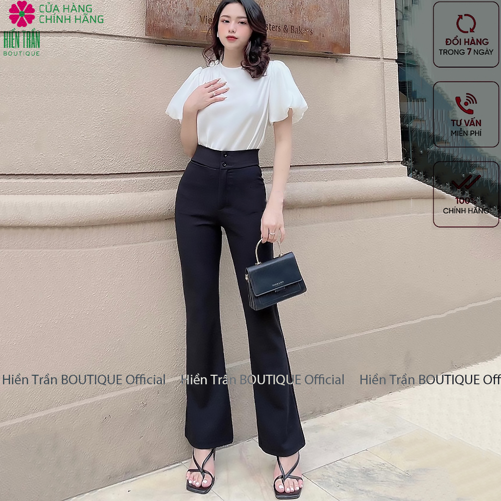 Quần ống rộng Hiền Trần BOUTIQUE lưng cạp cao 2 cúc baggy vải nữ dài suông loe culottes màu đen