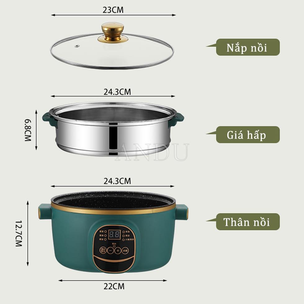 Nồi Lẩu Điện Đa Năng Chống Dính Vân Đá ELECTRIC COOKER POT Shanban 24cm Kèm Hấp Inox Cao Cấp.