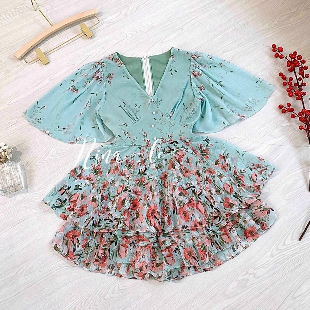 Đầm voan hoạ tiết hoa xoè tầng tay cánh tiên siêu xinh