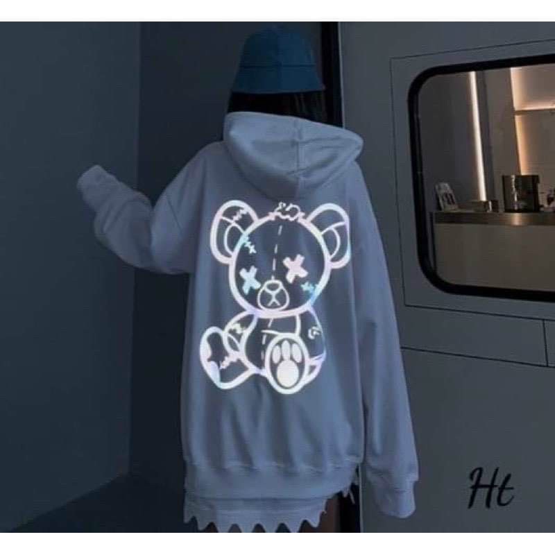 Áo Hoodie Phản Quang Gấu 2 Mặt, Áo khoác hoodie nam nữ, áo kiểu thu đông in gấu phản quang 7màu, mặc đôi nhóm, Áo hoodie phản quang cừu bạch dương