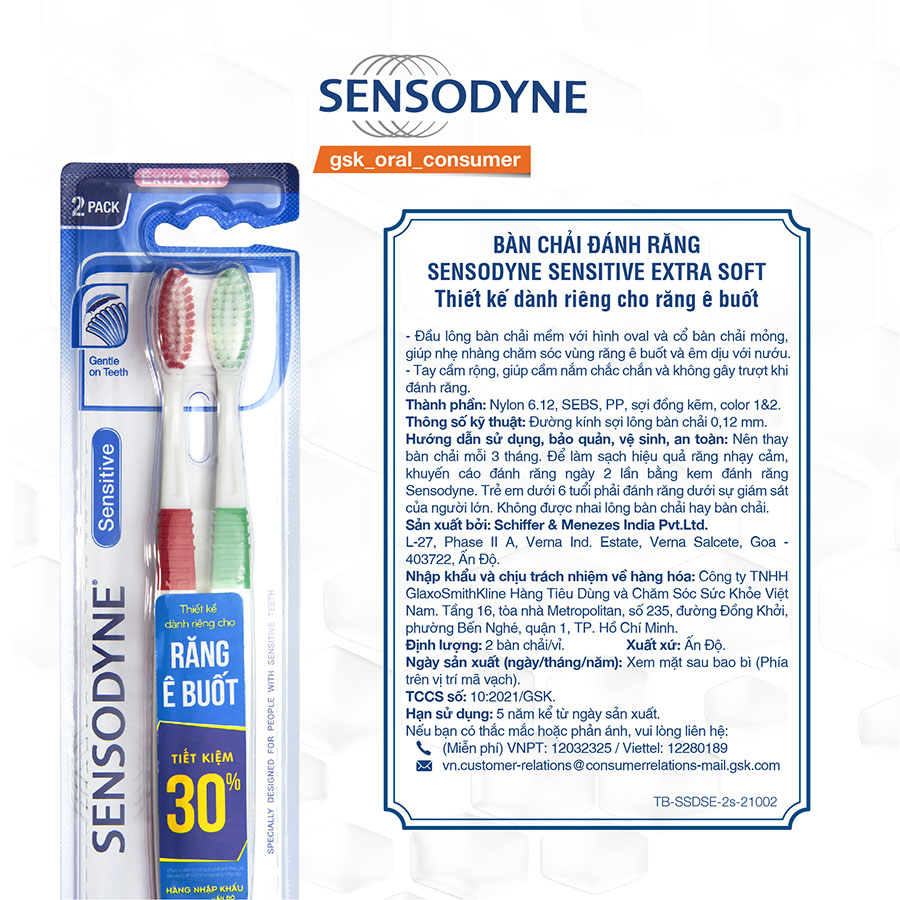 Bộ 2 bàn chải cho răng ê buốt Sensodyne Sensitive Ex Soft đầu lông tròn siêu mềm (Màu Ngẫu Nhiên)