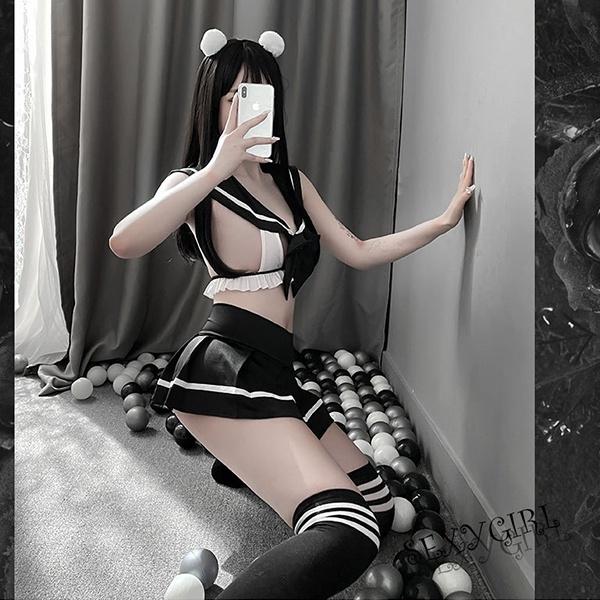 Cosplay nữ sinh Nhật Bản khoét ngực sexy quyến rũ váy xếp ly học sinh hở lưng đen xám đáng yêu BIKI HOUSE N770 - Hỏa Tốc