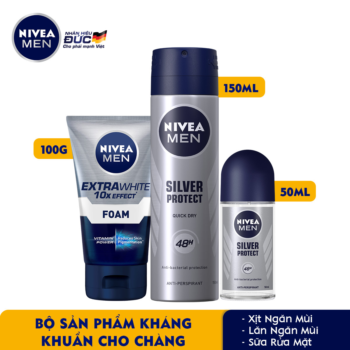 Bộ 3 sản phẩm Xịt và Lăn Ngăn Mùi NIVEA MEN Silver Protect Phân Tử Bạc Giảm 99.9% Vi Khuẩn Gây Mùi (150ml - 82959 &amp; 50ml - 83778) &amp; Sữa Rửa Mặt NIVEA MEN Làm Sáng Da (100G) - 88836