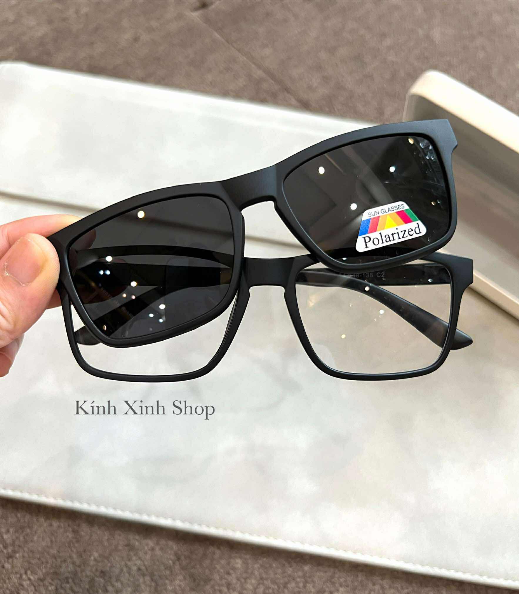 Kính Mắt Cận Râm, Kính Mắt Vuông Basic Unisex 2 Tròng 2in1 Cho Nam và Nữ