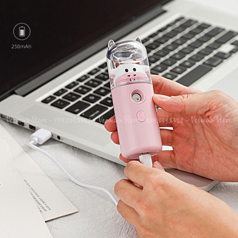 Máy Phun Sương Nano Mini Cầm Tay Bò Sữa 30ml, Hỗ Trợ Xịt Khoáng Cấp Ẩm Tức Thì Sạc USB 4.8,  Nhỏ Gọn, Phun Mạnh, Tặng Kèm Dây Sạc
