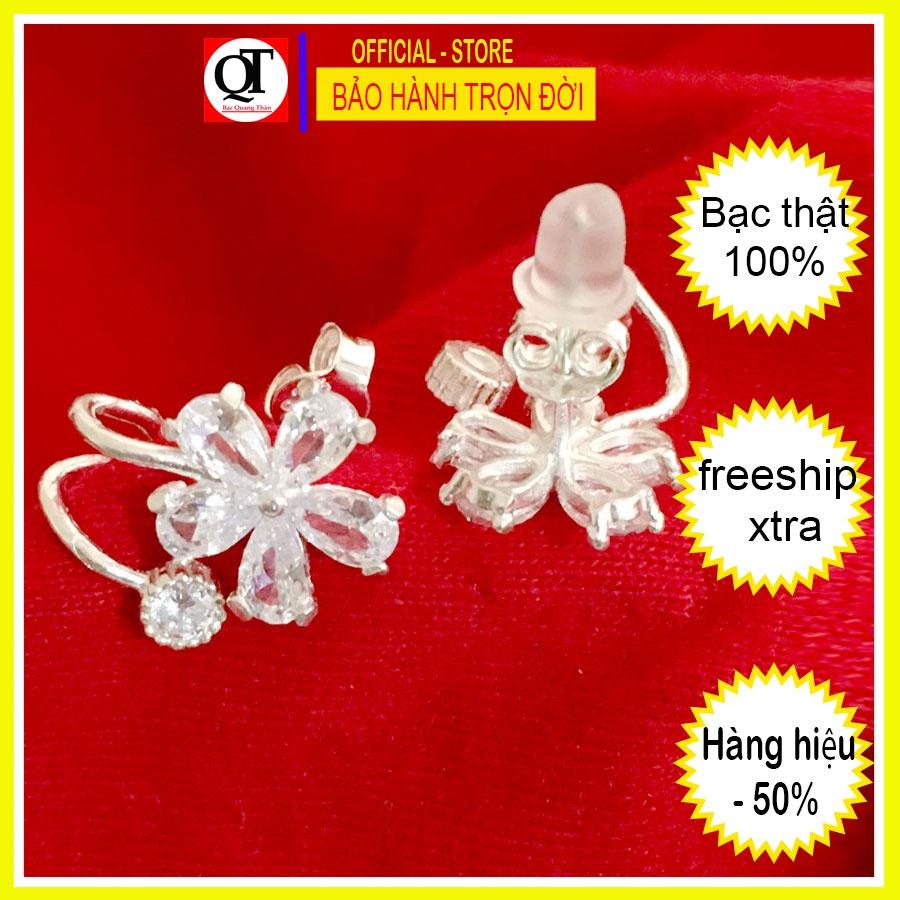 Khuyên tai nụ hoa Mai gắn đá giọt màu trắng chất liệu bạc ta khóa chốt đeo sát tai trang sức Bạc Quang Thản - QTBT142