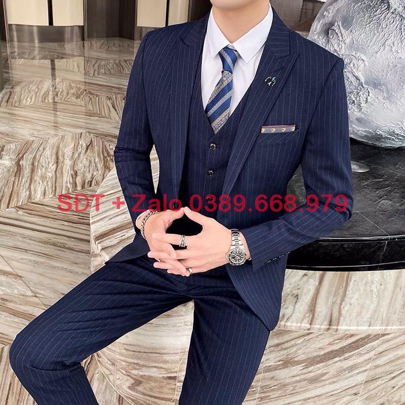 Vest Nam Hàn Quốc Kẻ Sọc, Bộ Vest Nam Kẻ Sọc Xanh Than, Suit Nam, Bộ Suit Nam Chất vải sịn