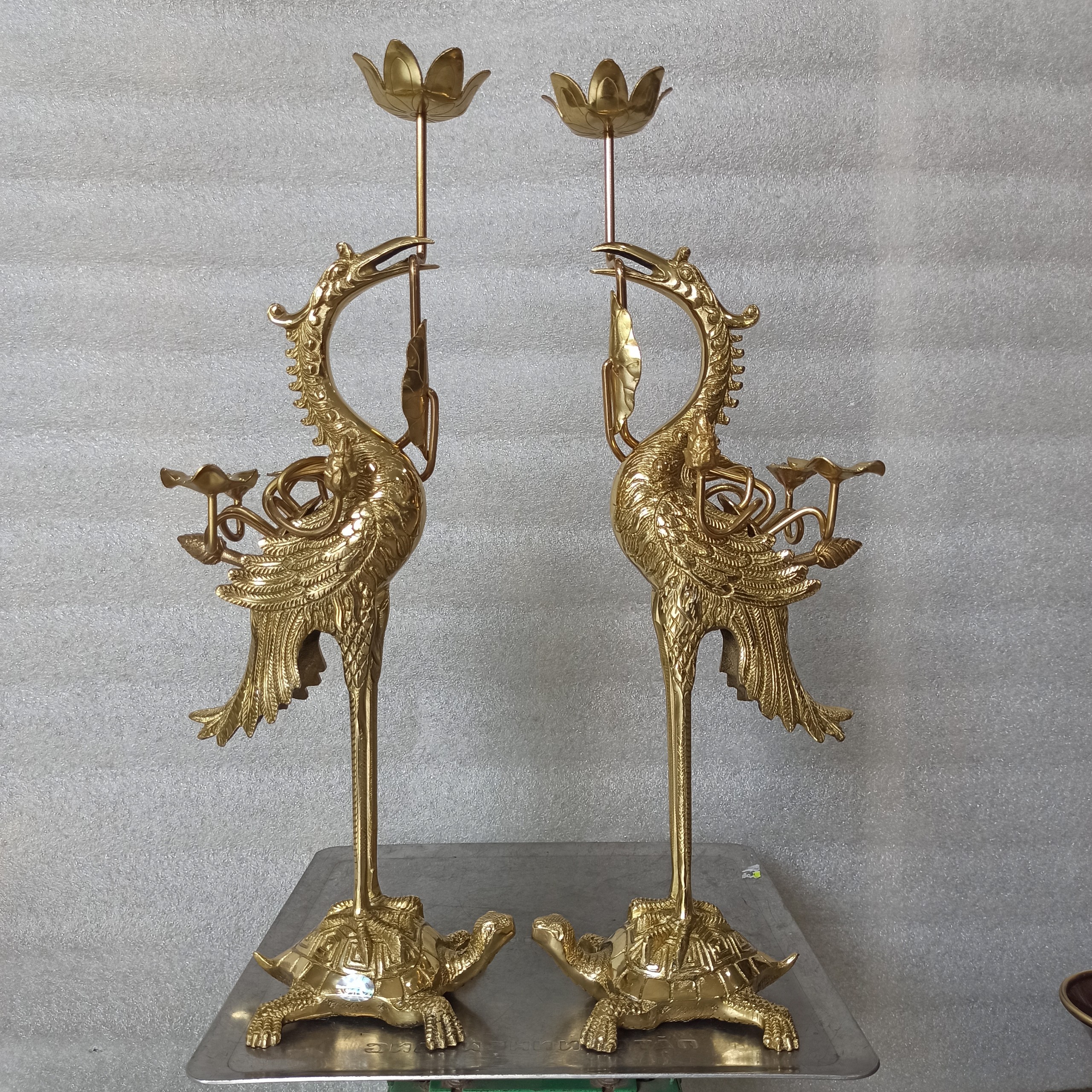 Cặp Hạc Cưỡi Rùa Cõng Sen Bằng Đồng, Cặp Hạc Bằng Đồng Vàng Tặng Kèm Dây Ngũ Đế May Mắn, Đôi Hạc Thờ Cúng Bằng Đồng
