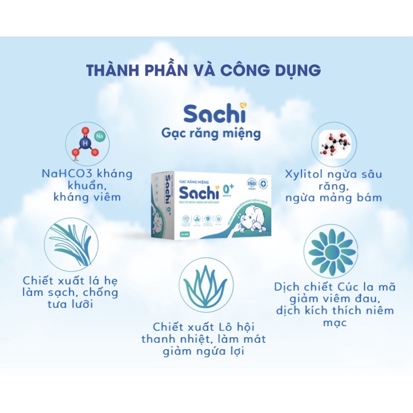 Gạc răng miệng Sachi - Rơ lưỡi, Vệ sinh răng miệng cho bé - Hộp 30 gói