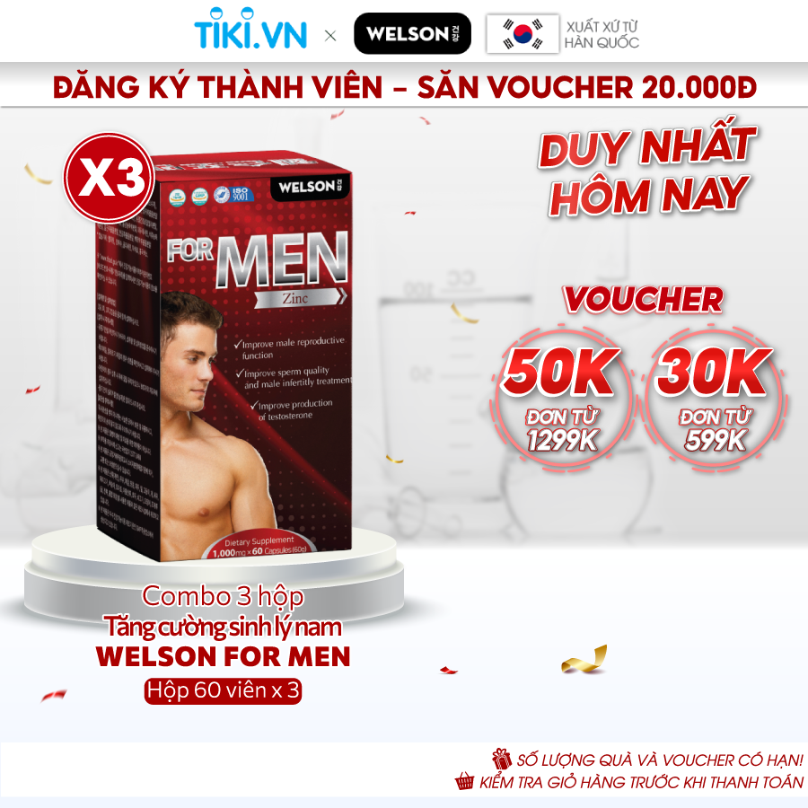 Combo 3 Hộp Tăng Cường Sinh Lý Nam Welson For Men hộp 60 viên