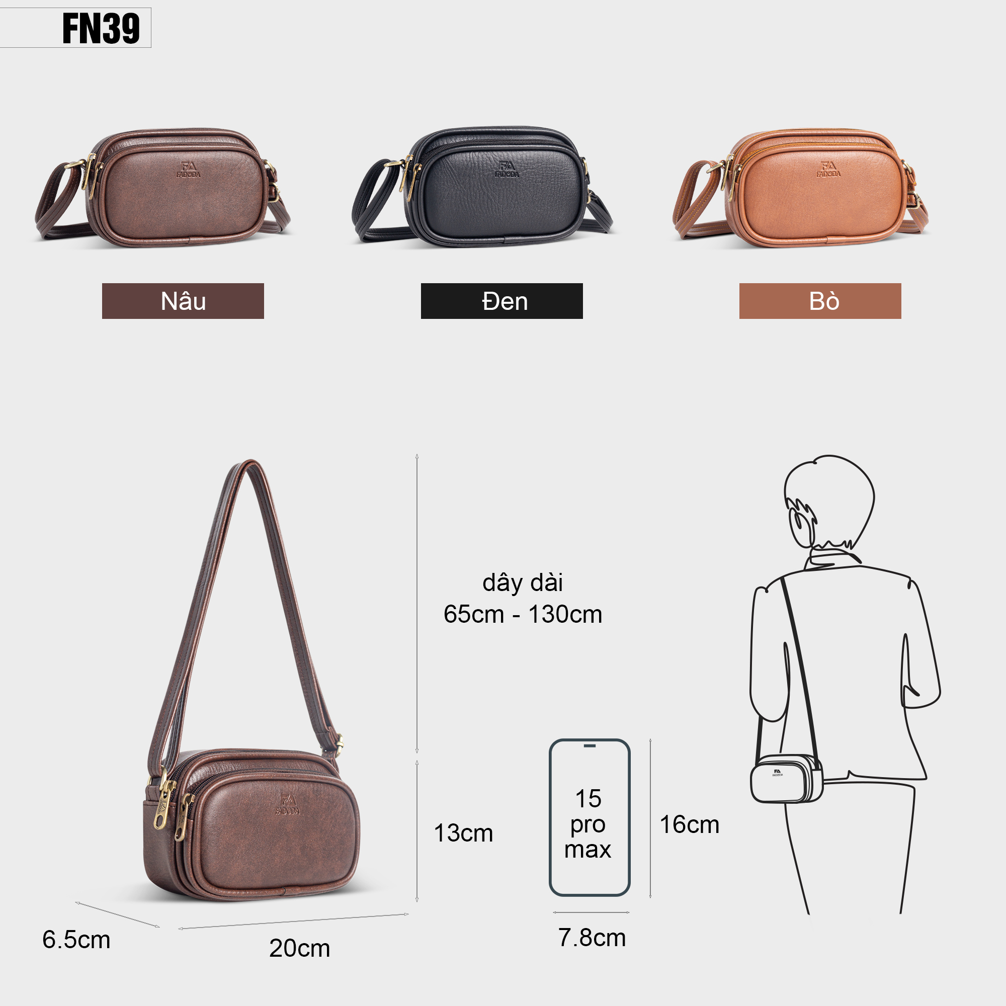 Túi đeo chéo da nữ tiện dụng dáng ngang Fadoda FN39