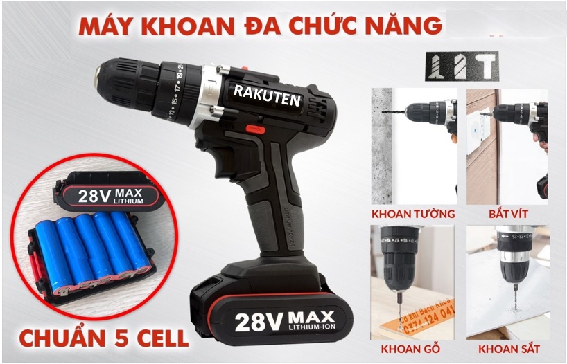 Bộ máy khoan pin RAKUTEN 28V khoan tường, khoan sắt, khoan bê tông máy 2 pin, đảo chiều và mũi khoan