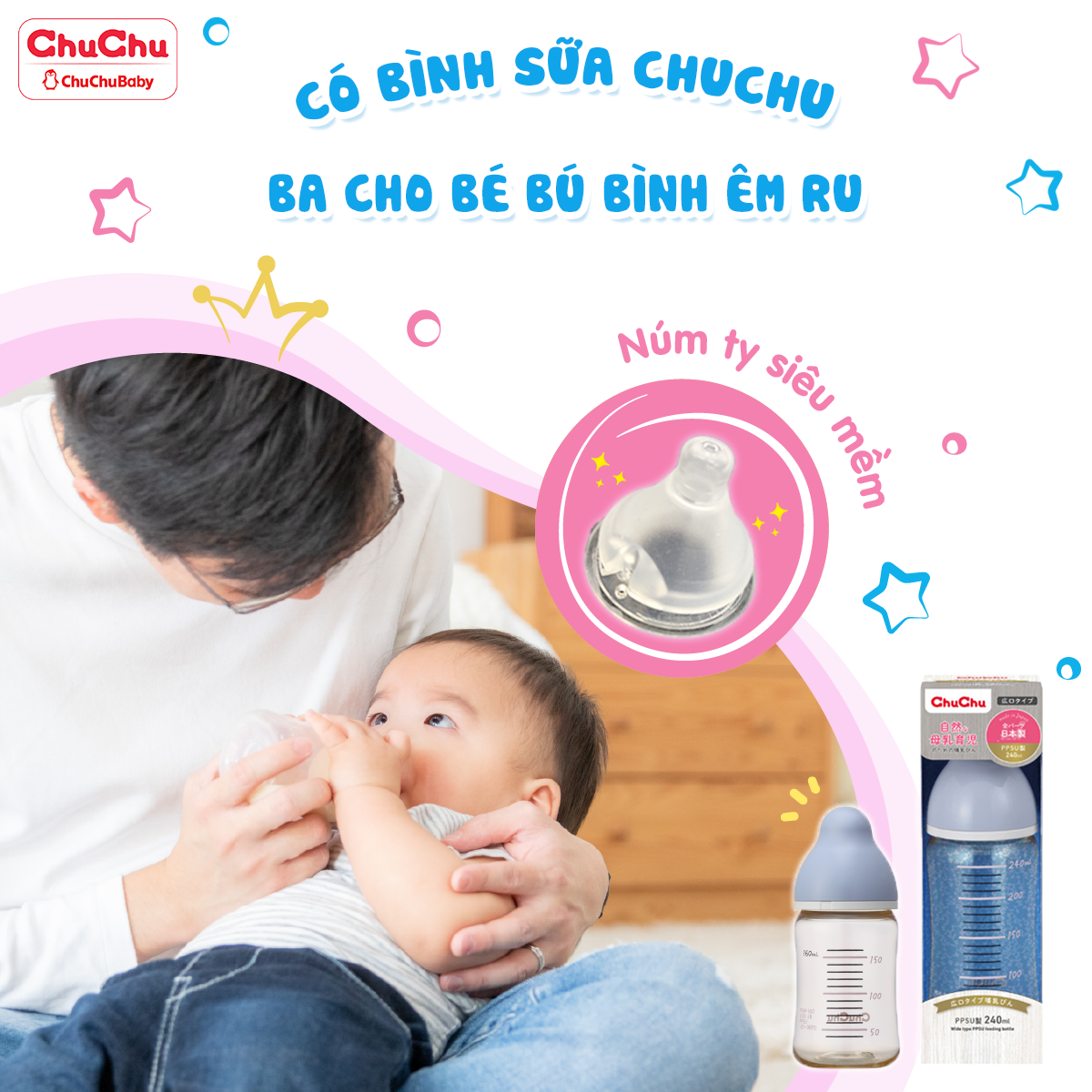 Bình sữa cổ rộng PPSU 240ML new với núm ty mềm Chuchu Baby