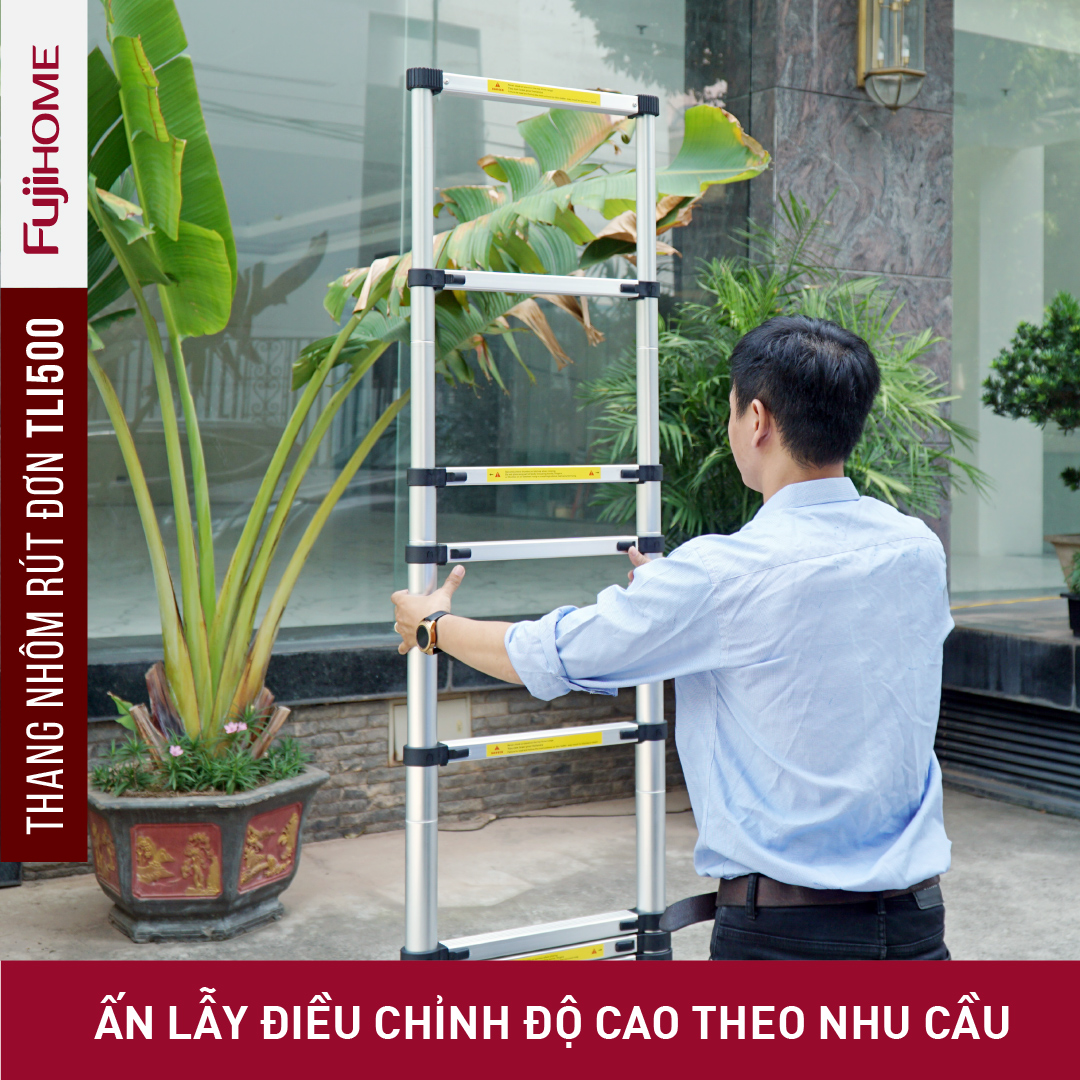 Thang nhôm rút đơn 5M gấp gọn Nhật Bản Fujihome chống trượt, thang rút gia đình xếp gấp gọn 5 mét đa năng có khóa an telescopic ladder