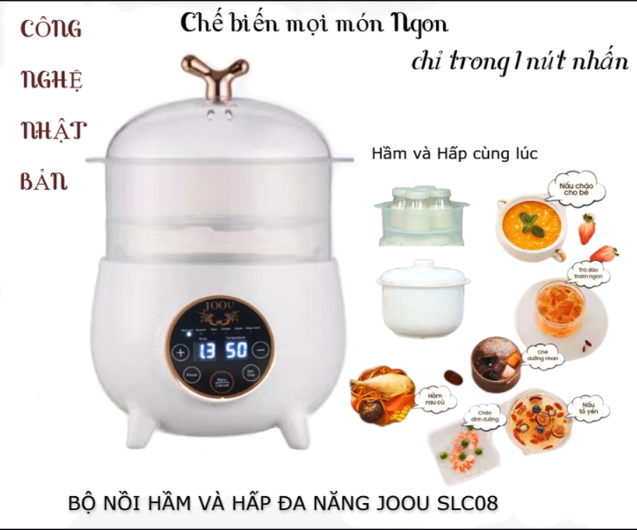 Bộ Nồi hầm chậm và hấp đa năng Joou SLC08 kèm lồng hấp - 10 chức năng nấu - Cài đặt nhiệt độ thời gian, Hẹn giờ nấu - Công nghệ Nhật Bản