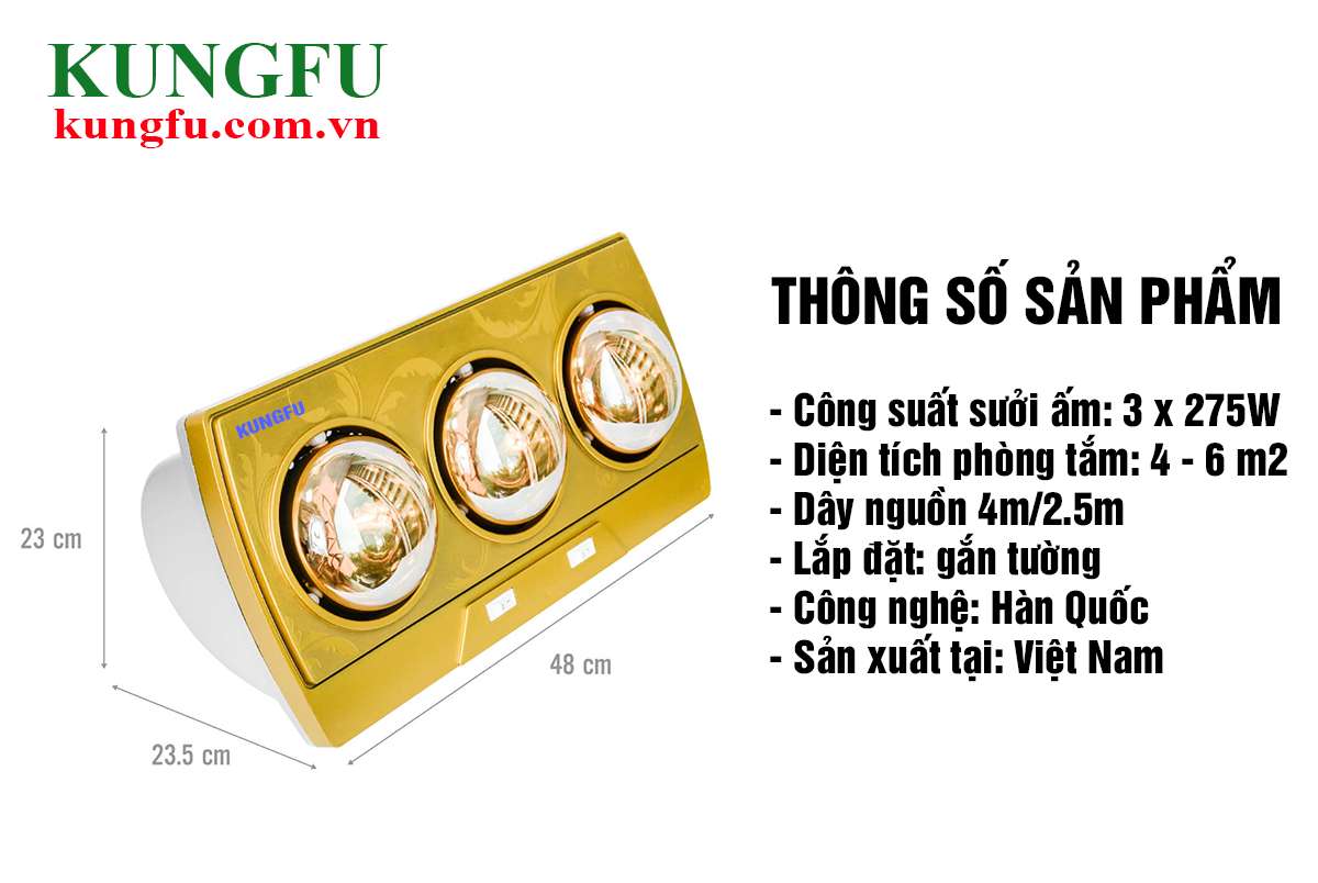 Đèn sưởi nhà tắm Đèn sưởi treo tường Hàng chính hãng Kungfu 3 bóng KF-DS3 Công nghệ chiếu sáng hồng ngoại an toàn, chống chói