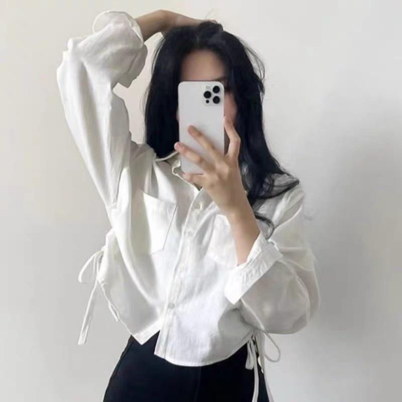 áo sơ mi dài tay rút eo dáng croptop