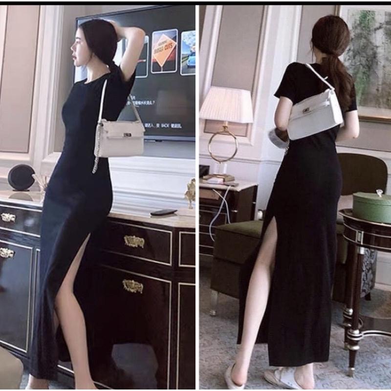 Váy xẻ tà cao body ngắn tay/ váy body sexy ôm dáng dài màu đen tại Vọp con store