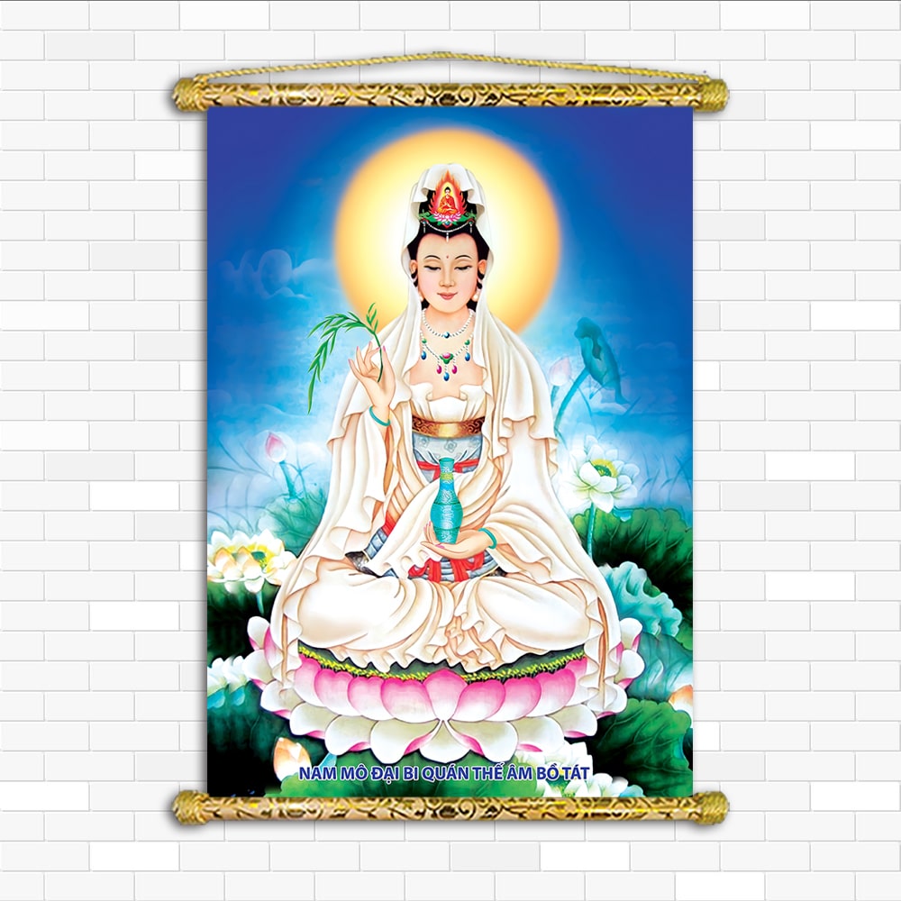 Quan Thế Âm Bồ Tát- Chất liệu Vải canvas nẹp sáo gỗ - Có sẵn phụ kiện treo tranh Q2059