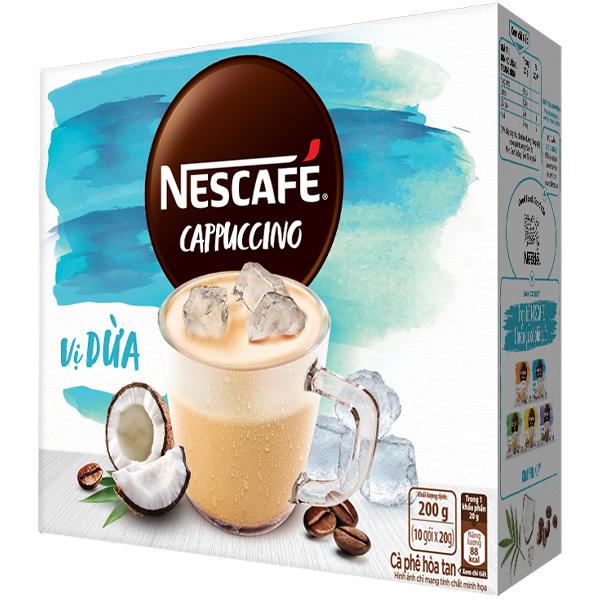 [Tặng 1 bình nước Lock&amp;Lock 1.2L] Combo 2 hộp cà phê hòa tan Nescafé Cappuccino vị dừa bao bì mới (Hộp 10 gói x 20g)