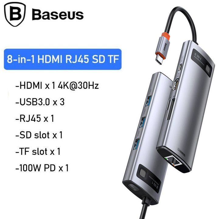 Hub chuyển đổi đa năng 8 trong 1 Baseus CAHUB-CV0G ( Type-C to HDMI/ USB3.0/ LAN / SD Card Reader/ Type C PD 100W, Multifunctional HUB) - Hàng Nhập Khẩu