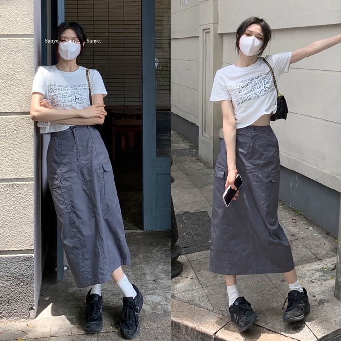 CHÂN VÁY DÀI MIDI TÚI HỘP XẺ SAU SUÔNG TRƠN + ÁO THUN CROPTOP TAY NGẮN ĐI TIỆC ĐI CHƠI DẠO PHỐ ĐI BIỂN