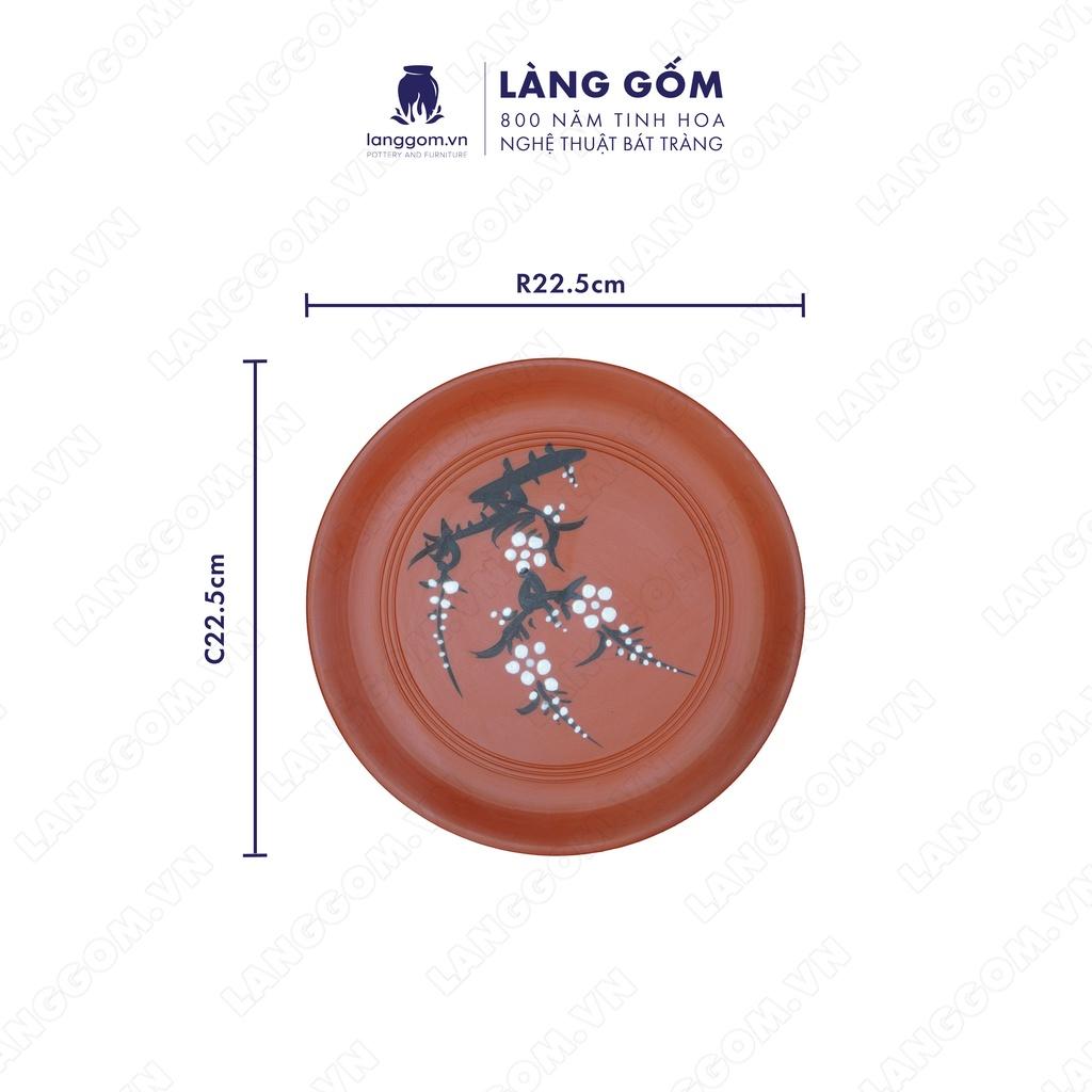 Bộ ấm chén đất nung Hoa đào + khay tròn - Men mộc - Gốm sứ Bát Tràng - langgom.vn